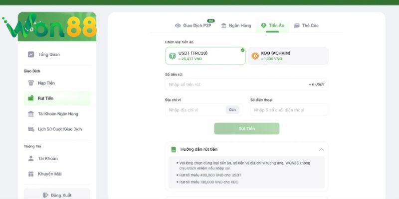 Hướng Dẫn Rút Tiền Won88 Về Tài Khoản